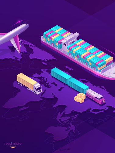 Global logistics isometric landing page. Transport delivery company service, cargo import export by ship, airplane, truck, train land and air goods world transportation business, 3d vector web banner